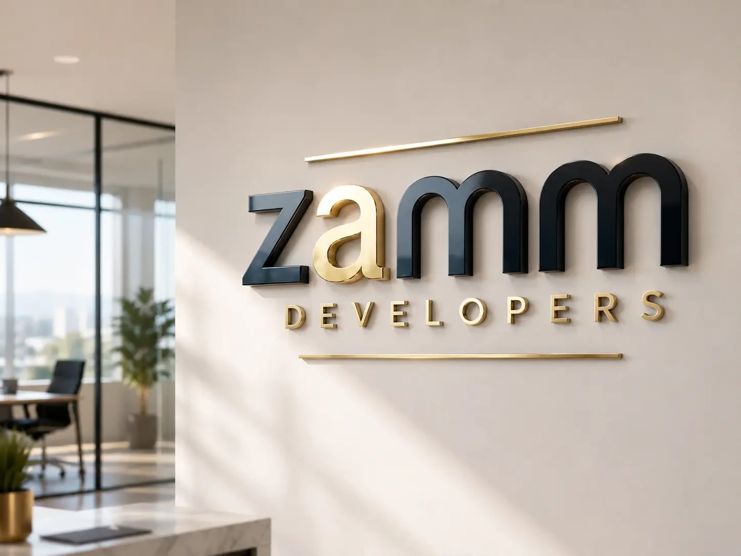 Zamm Devolopers office wall logo in a modern workspace
